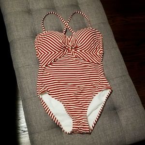 Kona Sol Convertable Strap Red and White Striped One Piece SwimSuit Size Medium